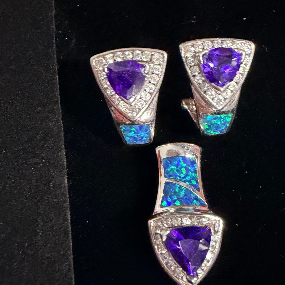 Elegant 925 Silver and Purple Earrings and Slide/Pendant Set